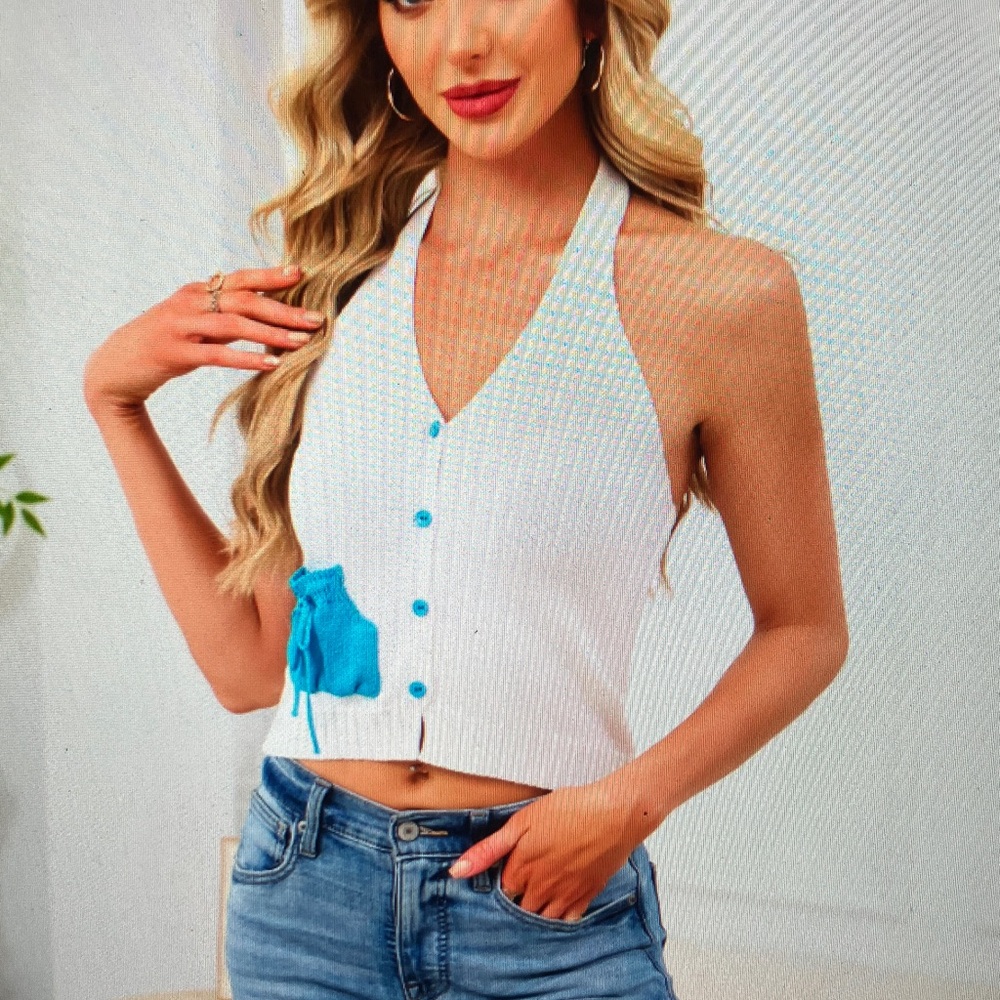 White and Blue Halter Top - Picture 2 of 4